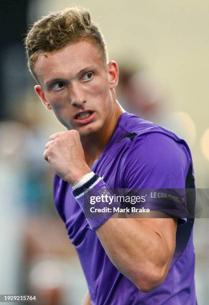 Jiri Lehecka of Czechoslovakia celebrates winning a game during his match against Jack Draper of Great Britain in the 2024 Adelaide International at...