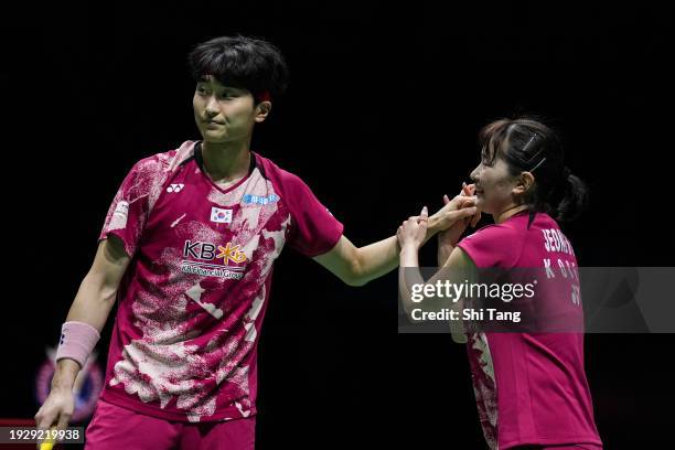 Kim Won Ho and Jeong Na Eun of Korea celebrate the victo in the Mixed Doubles Semi Finals match against Hee Yong Kai Terry and Tan Wei Han Jessica of...