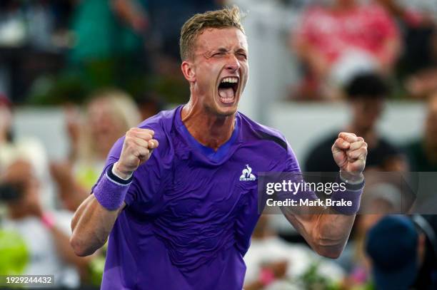 Jiri Lehecka of Czechoslovakia celebrates winning the match during his match against J Jack Draper of Great Britain in the 2024 Adelaide...