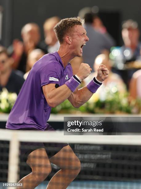 Jiri Lehecka of Czechoslovakia celebrates winning the Mens Singles final against Jack Draper of Great Britain in the 2024 Adelaide International at...