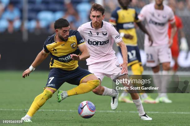 Christian Theoharous of the Mariners controls the ball during the A-League Men round 12 match between Central Coast Mariners and Melbourne Victory at...