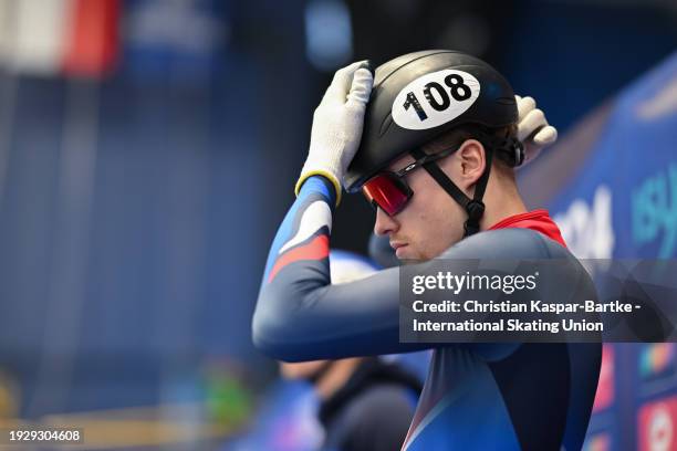Theo Collins of Great Britain reacts during the ISU European Short Track Speed Skating Championships at Hala Olivia on January 12, 2024 in Gdansk,...