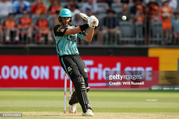 Spencer Johnson of the Heat bats during the BBL match between Perth Scorchers and Brisbane Heat at Optus Stadium, on January 13 in Perth, Australia.