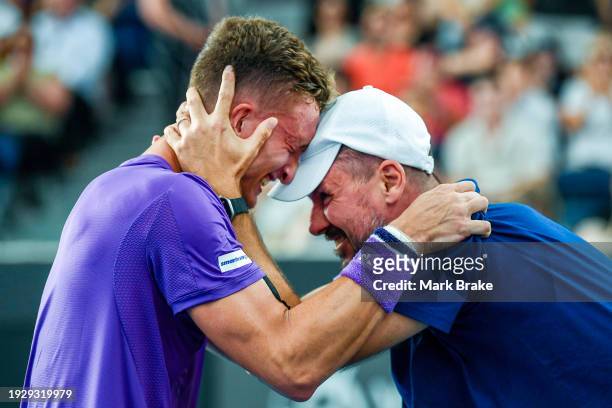 Jiri Lehecka of Czechoslovakia celebrates winning the match against Jack Draper of Great Britain with his coach Michal Navrátil in the 2024 Adelaide...