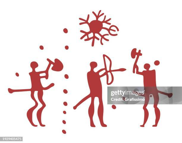 petroglyphe bronzezeit: drei männer mit waffen kämpfen in bohuslan, schweden illustration - felsmalerei stock-grafiken, -clipart, -cartoons und -symbole