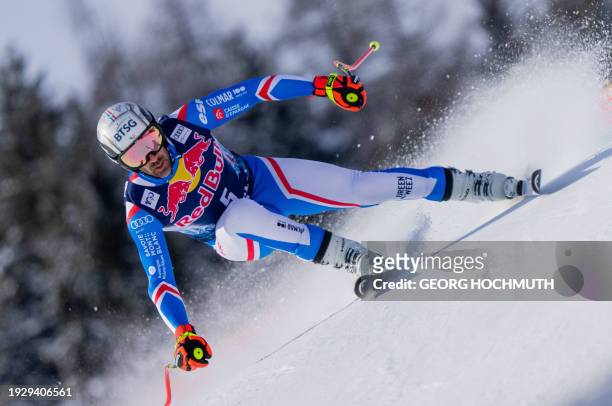 France's Adrien Theaux competes during the first training of the men's Downhill of FIS ski alpine world cup in Kitzbuehel, Austria on January 16,...