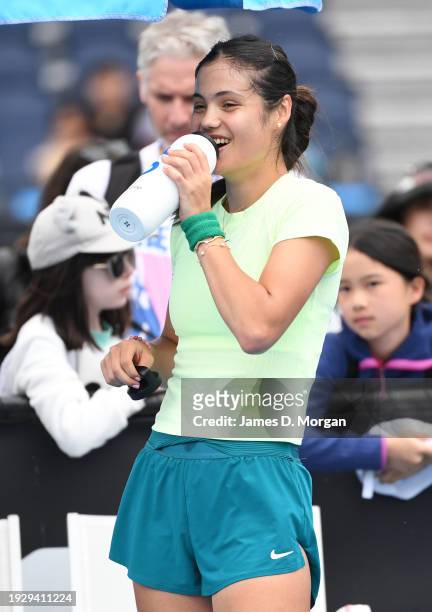 Emma Raducanu of Great Britain during a training session ahead of the 2024 Australian Open at Melbourne Park on January 13, 2024 in Melbourne,...