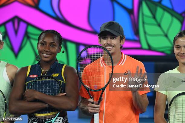 Coco Gauff of the United States, Alex de Minaur of Australia and Emma Raducanu of Great Britain during the Kids Tennis Day Arena Spectacular ahead of...