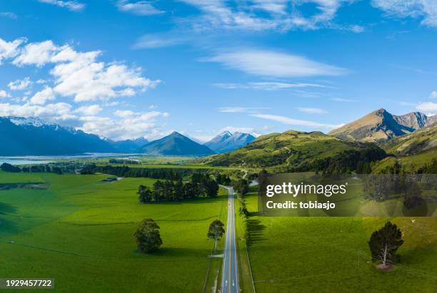 aerial wonders at glenorchy at new zealand's majestic southern alps - rural new zealand stock pictures, royalty-free photos & images