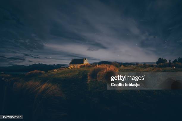 starry night at church of the good shepherd - dramatic night sky stock pictures, royalty-free photos & images