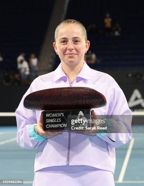 Winner of the Womens Singles final Jelena Ostapenko of Latvia poses with trophy after defeating Daria Kasatkina in the 2024 Adelaide International at...