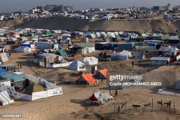 Displaced Palestinians take shelter in a makeshift tent camp by the beach in Rafah near the border with Egypt in the southern Gaza Strip on January...