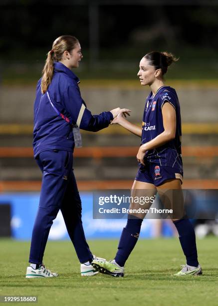 Sophie Hoban of the Jets celebrates victory at full-time during the A-League Women round 12 match between Brisbane Roar and Newcastle Jets at...