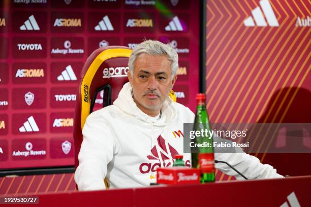 Roma coach Josè Mourinho during a press conference at Centro Sportivo Fulvio Bernardini on January 13, 2024 in Rome, Italy.