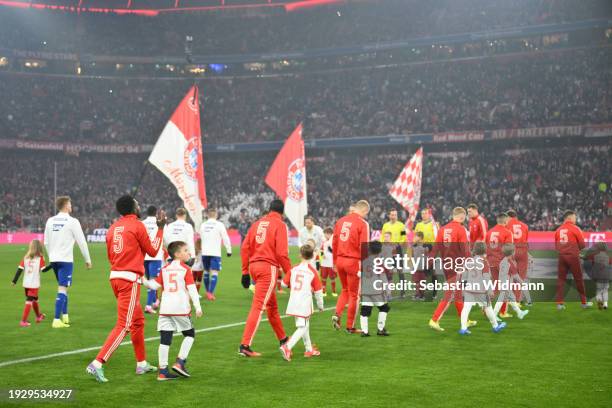 Alphonso Davies, Dayot Upamecano, Matthijs de Ligt, Konrad Laimer, Raphael Guerreiro, Joshua Kimmich of FC Bayern München enter the pitch wearing the...