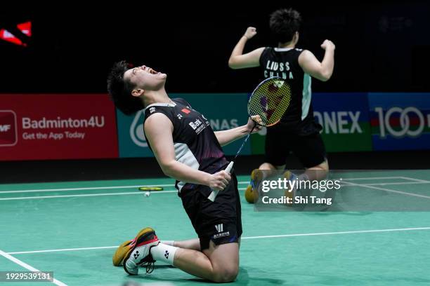 Liu Shengshu and Tan Ning of China celebrate the victory in the Women's Doubles Semi Finals match against Rin Iwanaga and Kie Nakanishi of Japan...