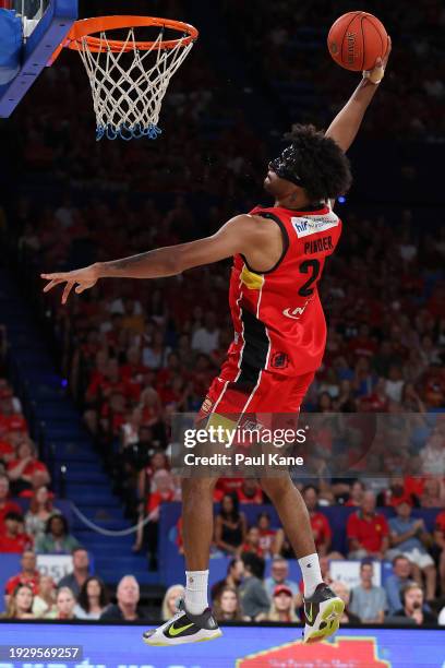 Keanu Pinder of the Wildcats dunks during the round 15 NBL match between Perth Wildcats and South East Melbourne Phoenix at RAC Arena, on January 13...