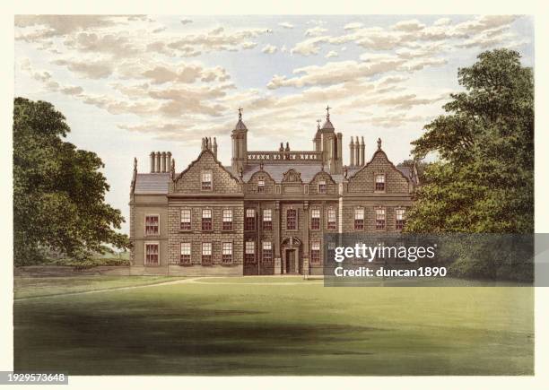 ilustraciones, imágenes clip art, dibujos animados e iconos de stock de historia arquitectura inglesa, casa señorial construida de ladrillo rojo, willesley hall, ashby-de-la-zouch, arte paisajístico del siglo xix - cultura inglesa