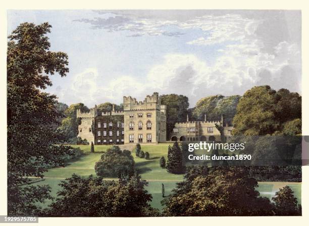 history english architecture, country house, hutton hall, hutton-in-the-forest, 19th century landscape art - cumbria stock illustrations