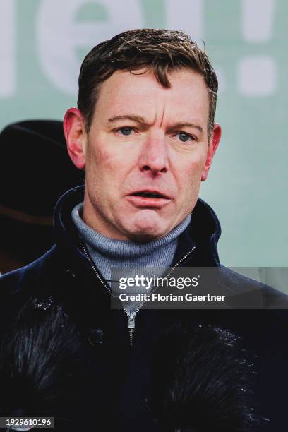 Dirk Engelhardt, Spokesman of the Federal Association of Road Haulage, Logistics and Disposal, is pictured during the demonstration of the farmers on...