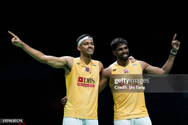 Satwiksairaj Rankireddy and Chirag Shetty of India celebrate the victory in the Men's Doubles Semi Finals match against Kang Min Hyuk and Seo Seung...