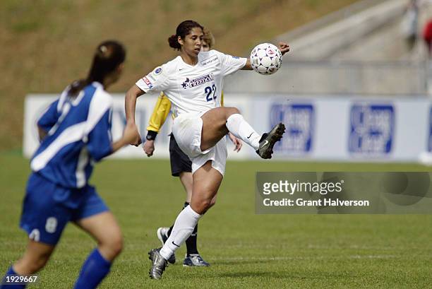 Defender Steffi Jones of the Washington Freedom kicks the ball during the WUSA game against the Carolina Courage at the SAS Soccer Park on April 5,...