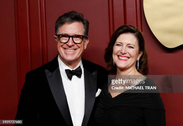Comedian Stephen Colbert and wife Evelyn McGee-Colbert attend the Apple TV+ 75th Emmy Awards red carpet event in Los Angeles on January 15, 2024.