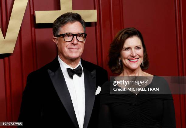 Comedian Stephen Colbert and wife Evelyn McGee-Colbert attend the Apple TV+ 75th Emmy Awards red carpet event in Los Angeles on January 15, 2024.