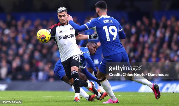 Andreas Pereira of Fulham FC and Armando Broja of Chelsea FC in action during the Premier League match between Chelsea FC and Fulham FC at Stamford...