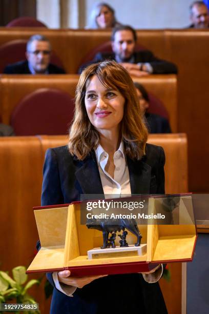 Italian actress and director Paola Cortellesi receives the Capitoline Wolf during the awards ceremony at Campidoglio on January 16, 2024 in Rome,...