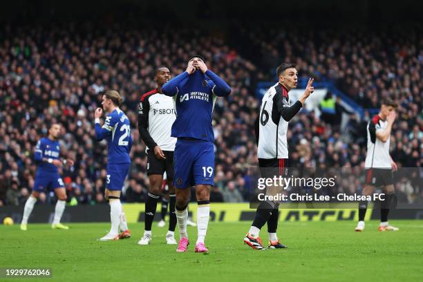 Armando Broja of Chelsea reacts after missing a chance during the Premier League match between Chelsea FC and Fulham FC at Stamford Bridge on January...