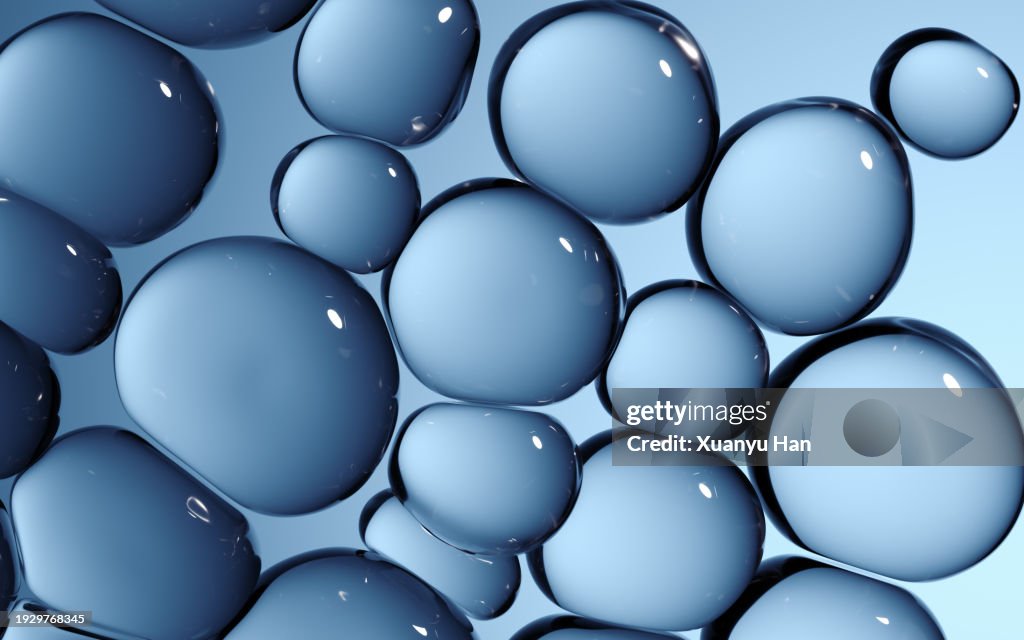 3D rendering Glossy blue drops, molecules, bubbles and spheres