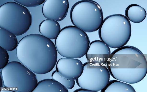 3d rendering glossy blue drops, molecules, bubbles and spheres - texture douce photos et images de collection