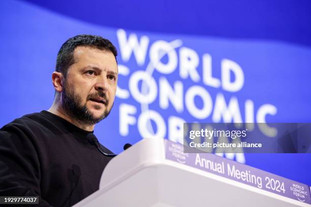 January 2024, Switzerland, Davos: Ukrainian President Volodymyr Zelensky gives a speech at the World Economic Forum. The annual meeting of the World...