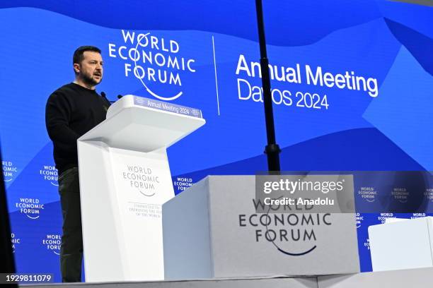 Ukrainian President Volodymyr Zelenskyy speaks during the annual meeting of the World Economic Forum in Davos, Switzerland, on January 16, 2024.