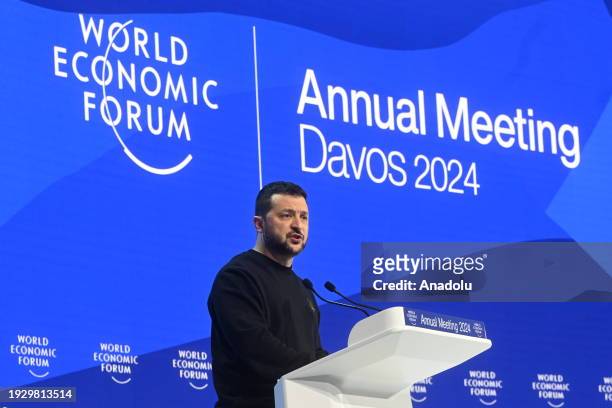 Ukrainian President Volodymyr Zelenskyy speaks during the annual meeting of the World Economic Forum in Davos, Switzerland, on January 16, 2024.