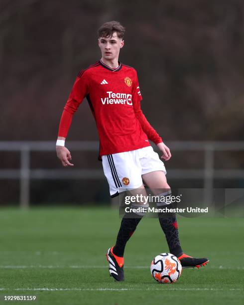 Jack Fletcher of Manchester United U18 on the ball during the U18 Premier League match between Newcastle United U18 and Manchester United U18 at...