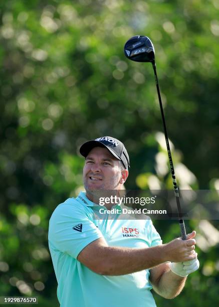 Ryan Fox of New Zealand plays his tee shot on the fourth hole on Day Three of the Dubai Invitational at Dubai Creek Golf and Yacht Club on January...
