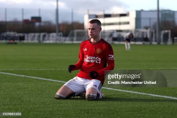 Ashton Missin of Manchester United U18 celebrates scoring his team's second goal during the U18 Premier League match between Newcastle United U18 and...