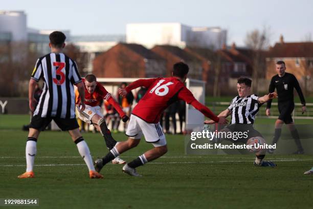 Ashton Missin of Manchester United U18 scores his team's second goal during the U18 Premier League match between Newcastle United U18 and Manchester...