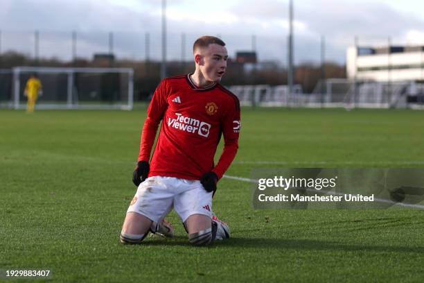 Ashton Missin of Manchester United U18 celebrates scoring his team's second goal during the U18 Premier League match between Newcastle United U18 and...