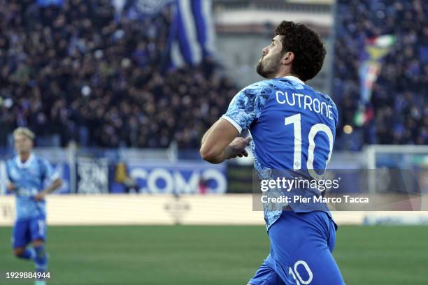 Patrick Cutrone of Como 1907 celebrates his first goal during the match between Como 1907 and Spezia Calcio Serie B at Stadio G. Sinigaglia on...