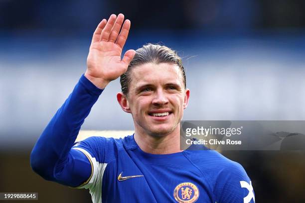 Conor Gallagher of Chelsea acknowledges fans following their sides victory after the Premier League match between Chelsea FC and Fulham FC at...