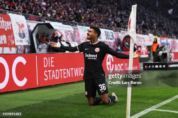 Ansgar Knauff of Eintracht Frankfurt celebrates after scoring their sides first goal during the Bundesliga match between RB Leipzig and Eintracht...