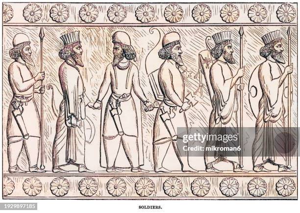 old engraved illustration of ancient persian soldiers - ancient greek culture stock pictures, royalty-free photos & images