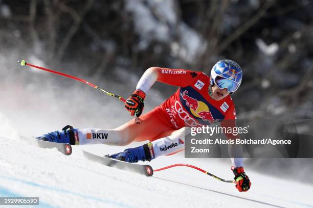 Marco Odermatt of Team Switzerland in action during the Audi FIS Alpine Ski World Cup Men's Downhill Training on January 17, 2024 in Kitzbuehel,...