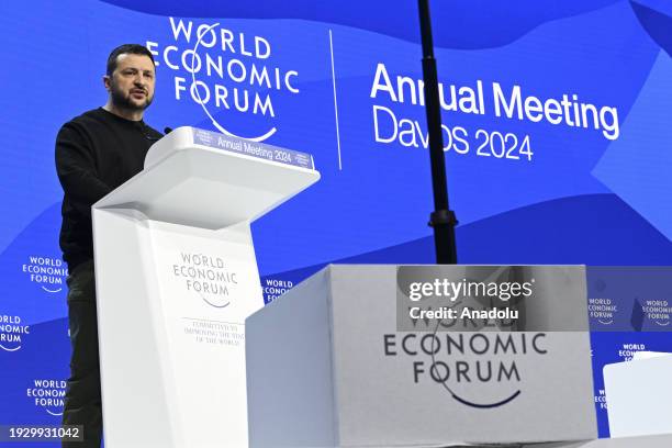 Ukrainian President Volodymyr Zelenskyy speaks during the annual meeting of the World Economic Forum in Davos, Switzerland, on January 16, 2024.