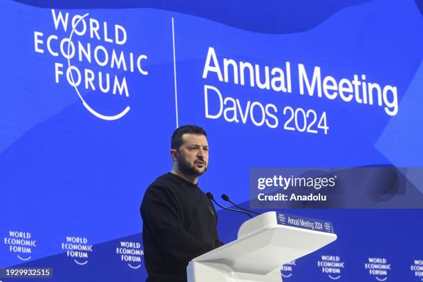 Ukrainian President Volodymyr Zelenskyy speaks during the annual meeting of the World Economic Forum in Davos, Switzerland, on January 16, 2024.