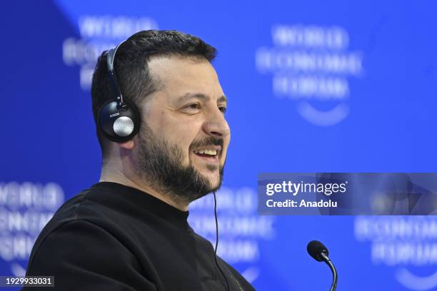 Ukrainian President Volodymyr Zelenskyy speaks during the annual meeting of the World Economic Forum in Davos, Switzerland, on January 16, 2024.