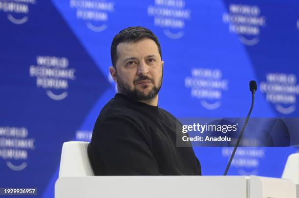 Ukrainian President Volodymyr Zelenskyy speaks during the annual meeting of the World Economic Forum in Davos, Switzerland, on January 16, 2024.